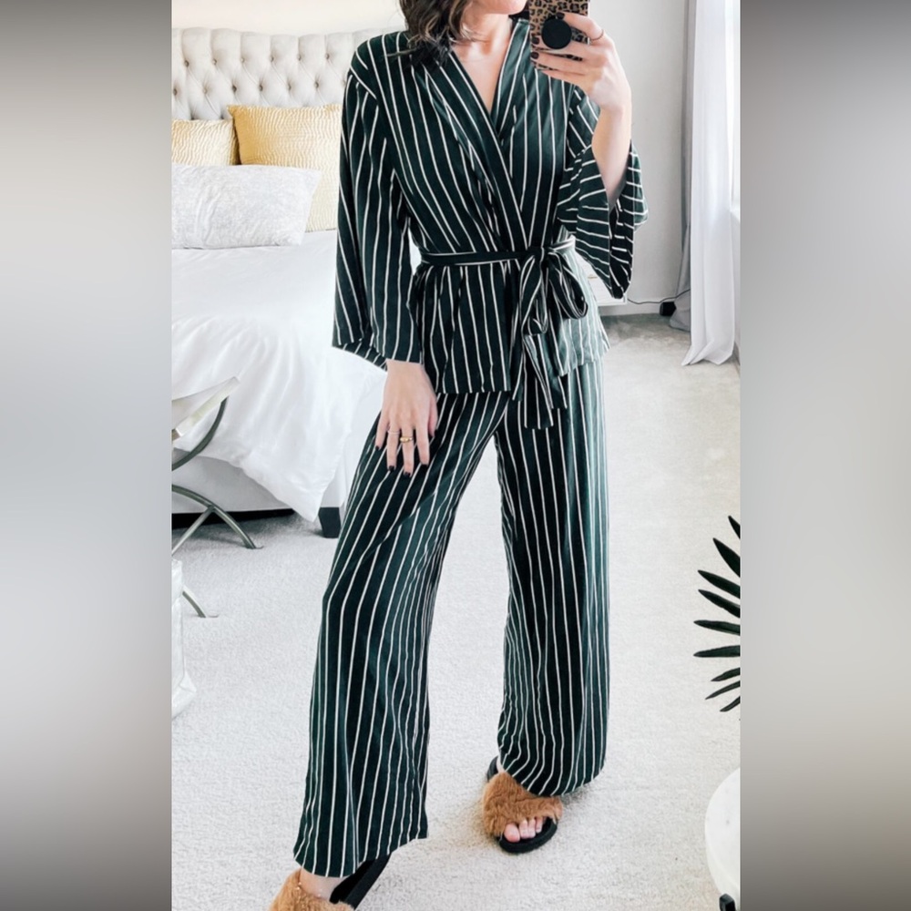 LAKE Dream Modal Kimono Pajama Set in Conifer Stripe L - Picture 3 of 8